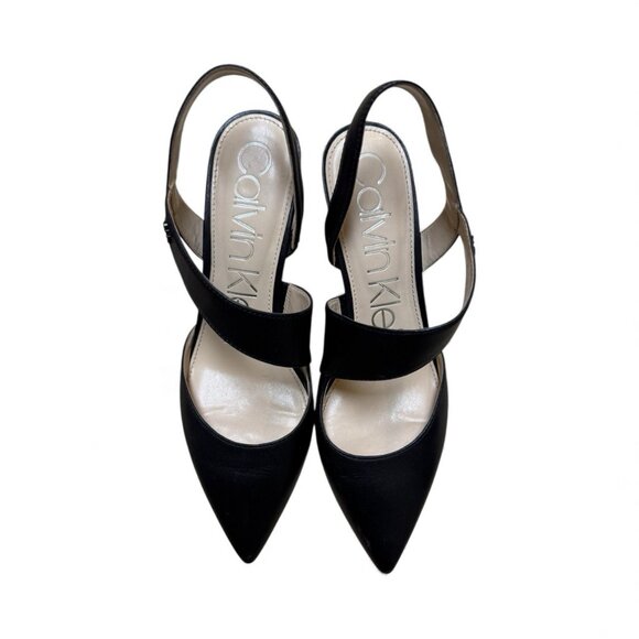 Calvin Klein Black Slingback Heels Size 8 Pointed Toe Leather Strap NWOB - Picture 2 of 3